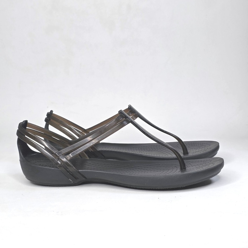 Crocs Isabella T-Strap Sandals Black Strappy Jelly Flat Slip On Shoes Women's 7